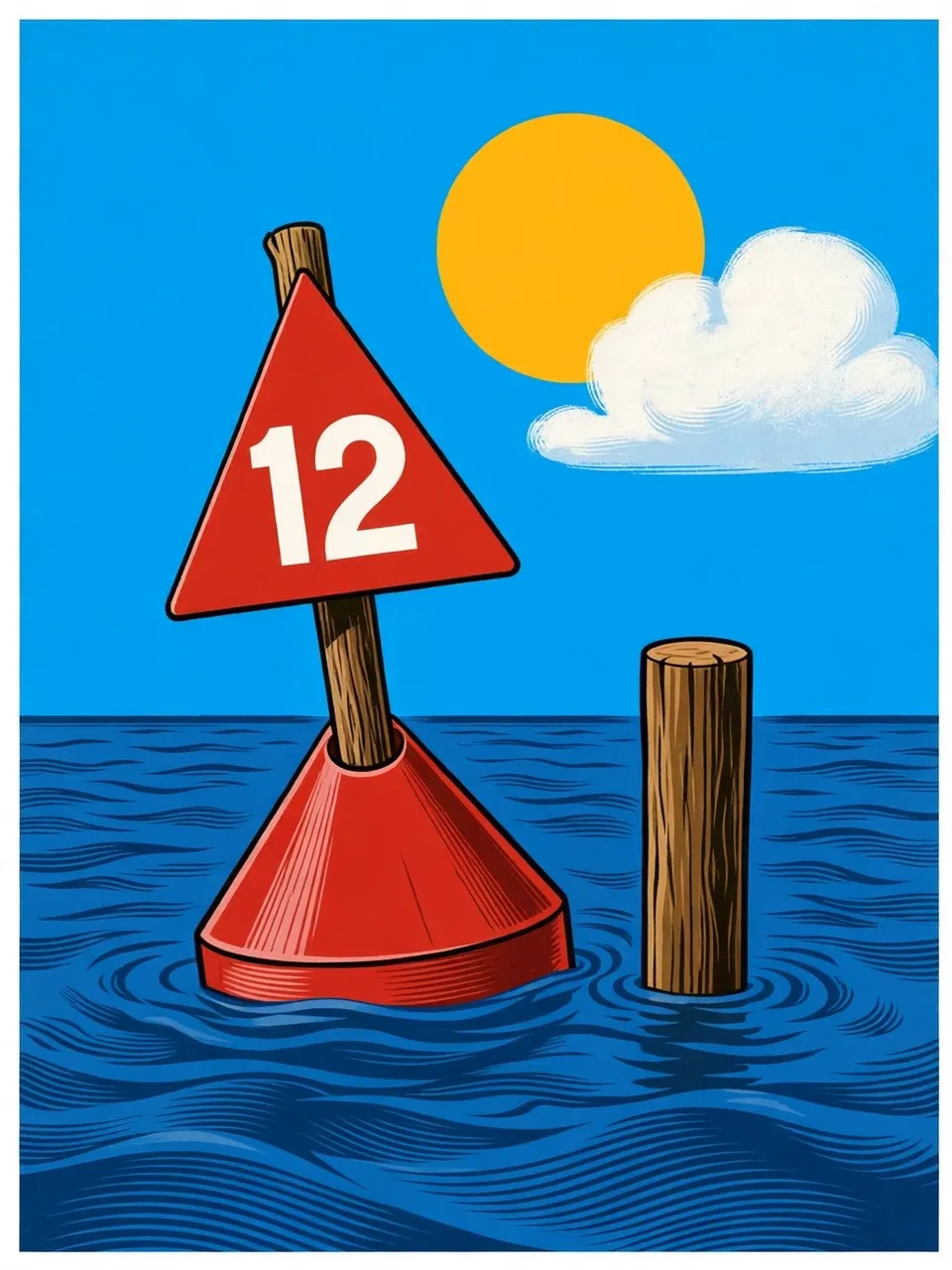 A red triangular channel marker numbered 12 on the river, sun and cloud behind