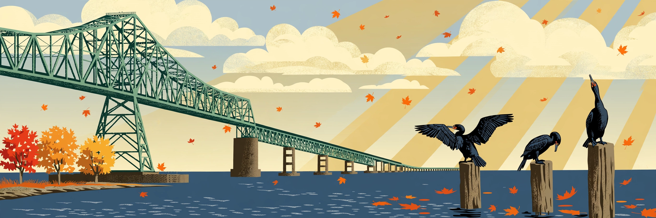 The Astoria-Megler Bridge entering from the left over the Columbia River, three cormorants on pilings in the foreground, fall leaves on the wind, sun rays through cloud