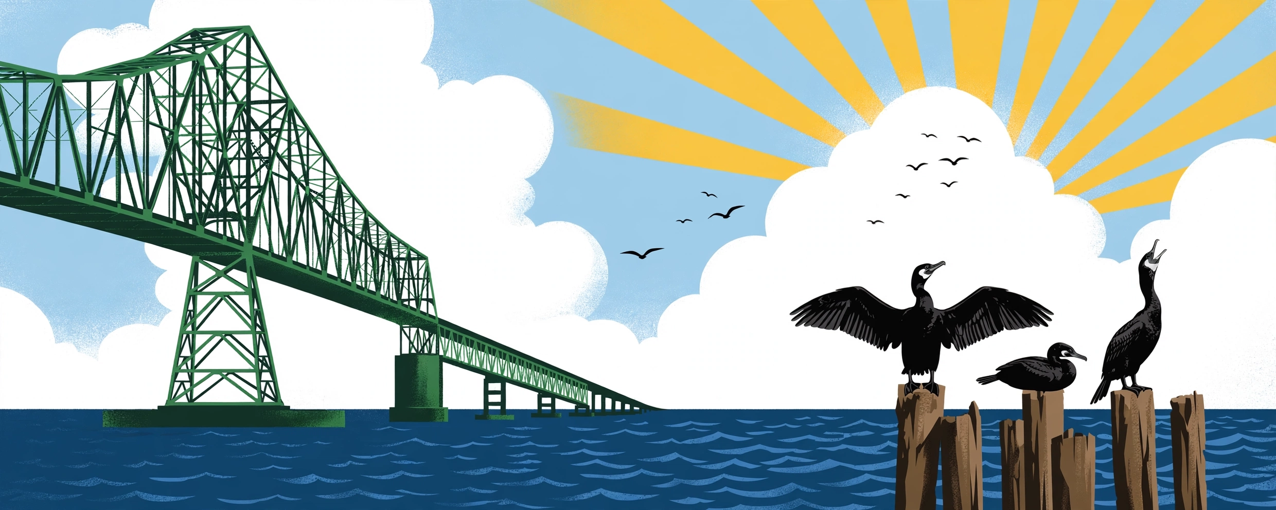 The same bridge and cormorants view in fair weather, bright sun and open sky