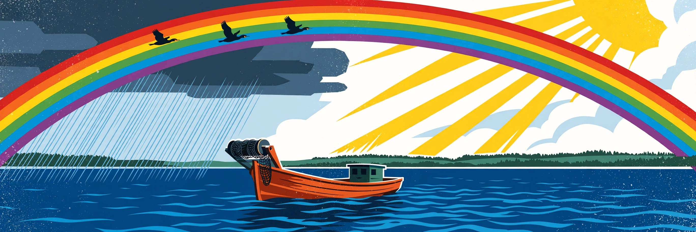 A rainbow over a fishing boat, rain falling on the left, sun breaking on the right