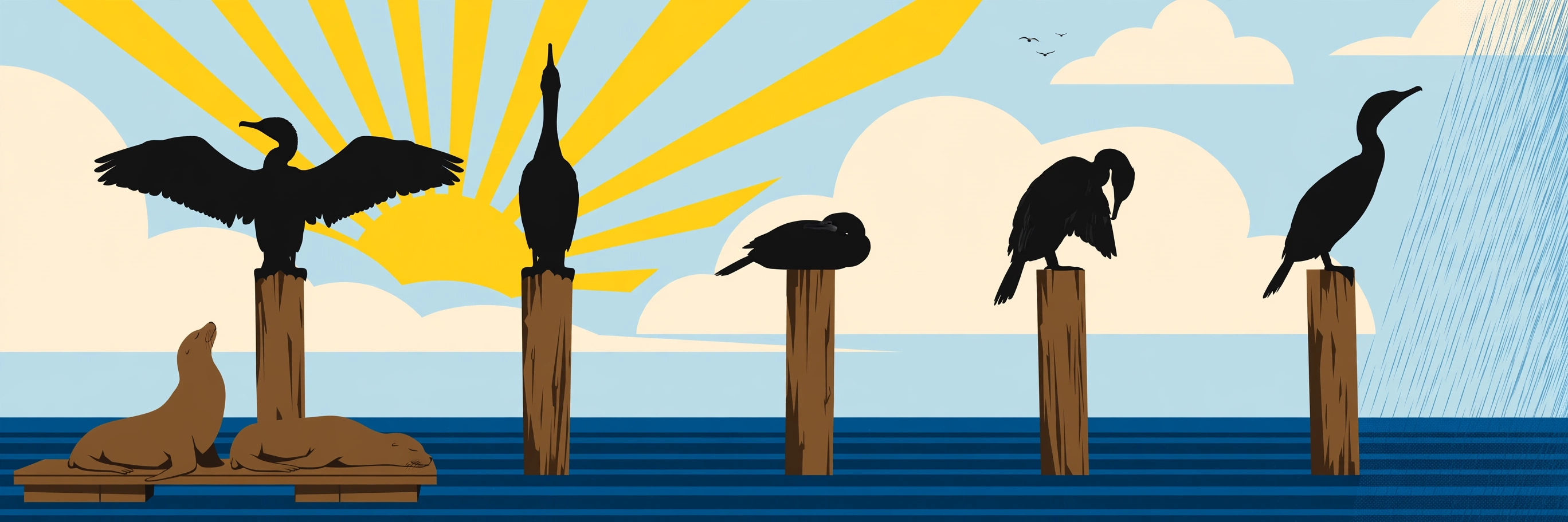 Five cormorants in five distinct poses on wooden pilings above the water, sea lions resting on a float, sun rays and one band of rain