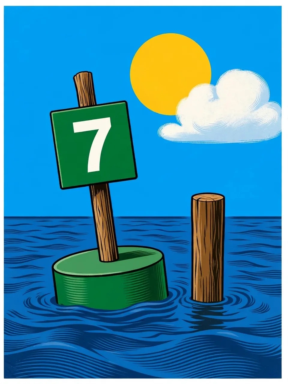 A green square channel marker numbered 7, mounted on a post above a green buoy in the river, under a sun and one cloud.